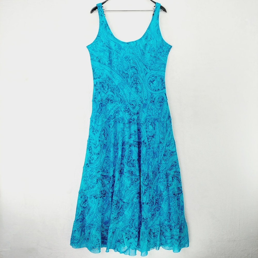 Jones Wear Tank Blue Paisley Sleeveless Midi Tiered Stretch Dress P1865